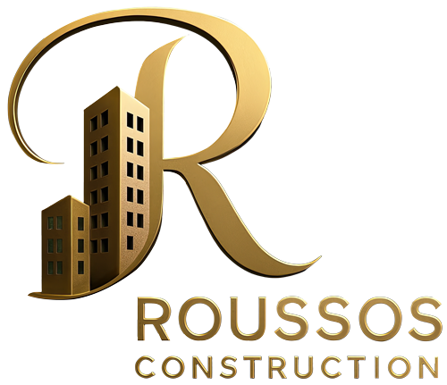 Roussos Construction logo featuring gold buildings and large 'R', symbolizing premium multifamily renovation and contracting services in Northern California